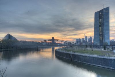 Bridge over river at sunset