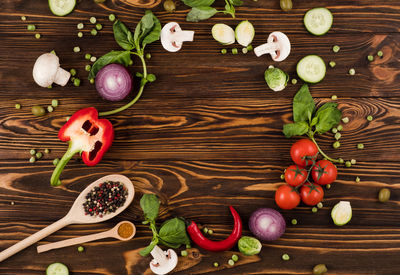 High angle view of fruits and vegetables on table