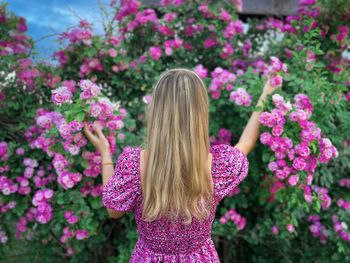 Rear view of woman with long blonde hair picking up pink roses from the garden on a cloudy day