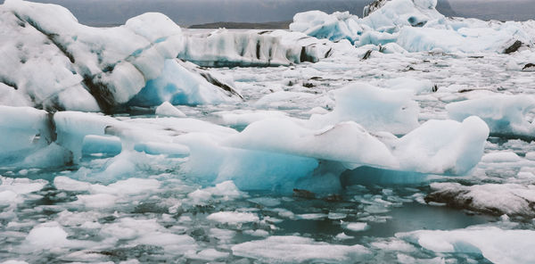 Icebergs in frozen sea 