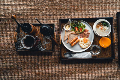 High angle view of meal served on table