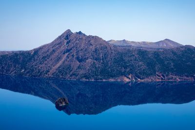 Scenic view of lake and mountains against clear blue sky