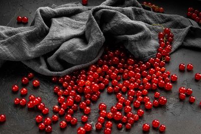 High angle view of strawberries on table