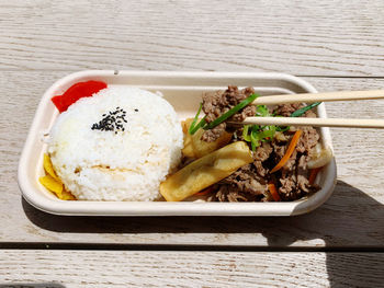 High angle view of food in bowl on table