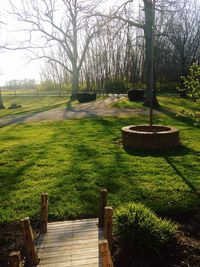 Empty bench on grassy field in park