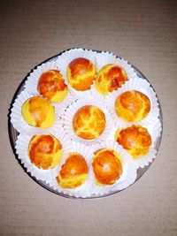 High angle view of fruits in plate on table