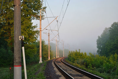 Railroad tracks seen through train window