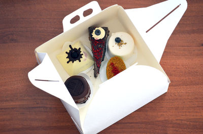 High angle view of dessert on table