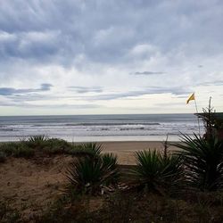 Scenic view of beach against cloudy sky