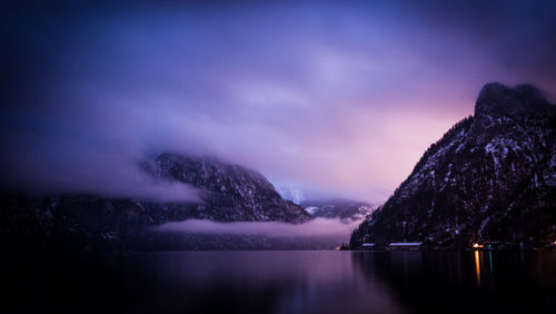 Scenic view of lake against cloudy sky