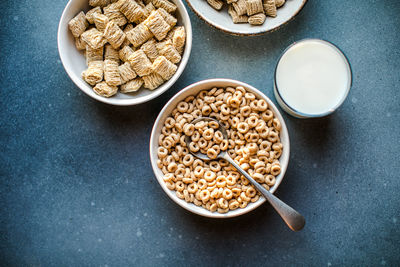 High angle view of food in bowls on table