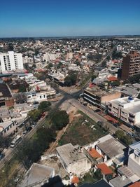 High angle shot of townscape against clear sky