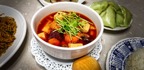 High angle view of soup in bowl on table