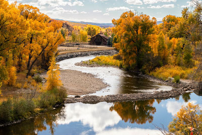 Scenic view of river against sky during autumn