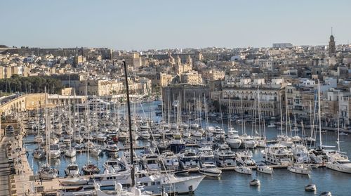 Aerial view of boats moored at harbor