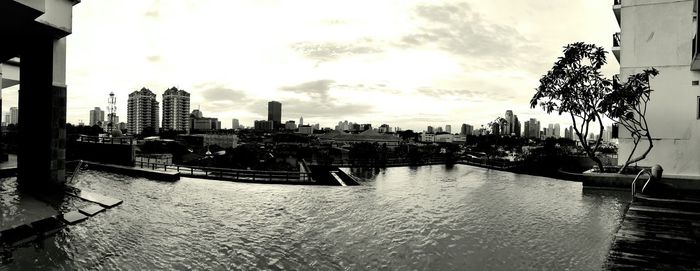 Panoramic view of river and buildings against sky