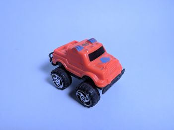 High angle view of toy car against blue sky