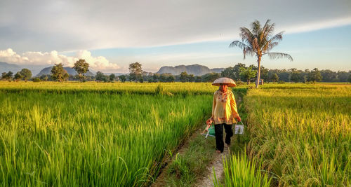 Man working in farm against sky