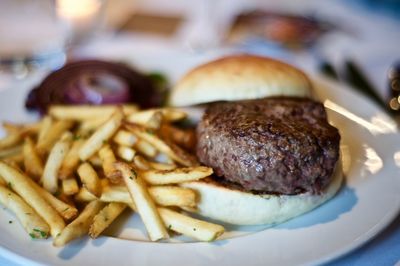 Close-up of burger in plate on table