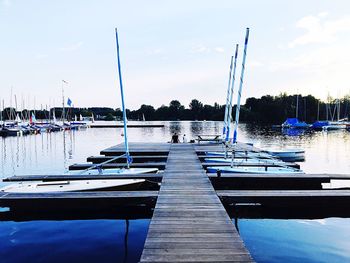 Boats moored in calm sea