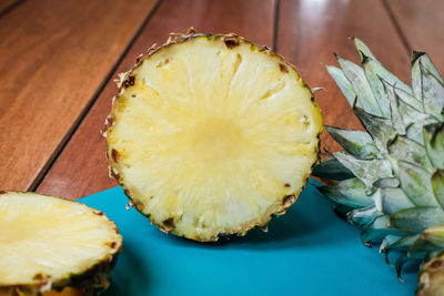 High angle view of fruits in plate on table