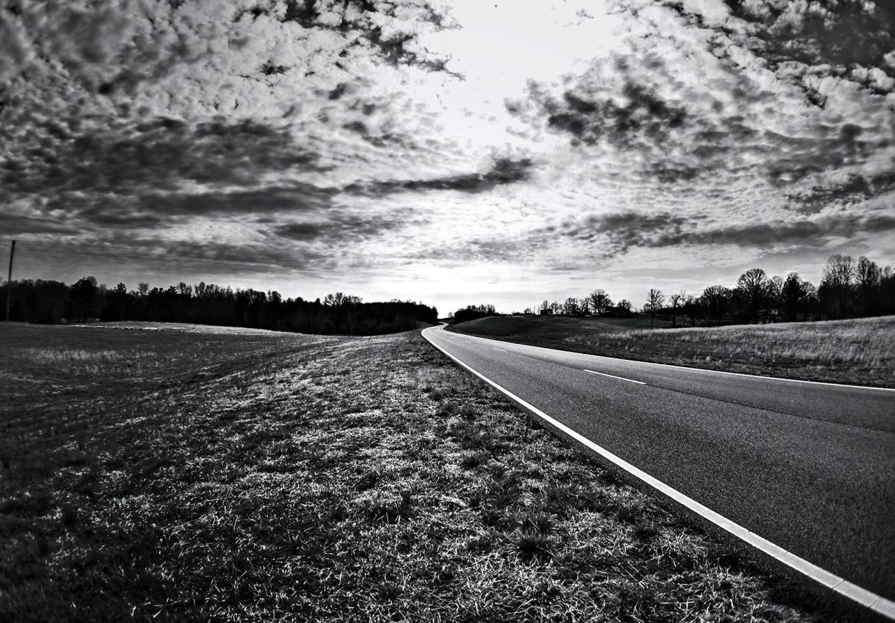 the way forward, sky, road, diminishing perspective, cloud - sky, transportation, vanishing point, landscape, tranquil scene, tranquility, cloudy, country road, field, cloud, empty, nature, scenics, long, road marking, empty road