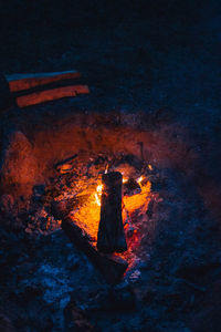 High angle view of fire in the dark