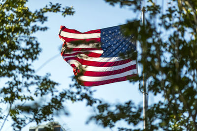 Low angle view of flag against sky