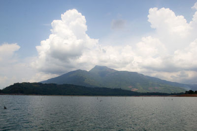 Scenic view of lake and mountains against sky