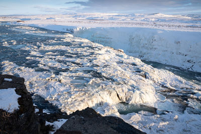 Frozen gullfoss, winter in iceland, europe