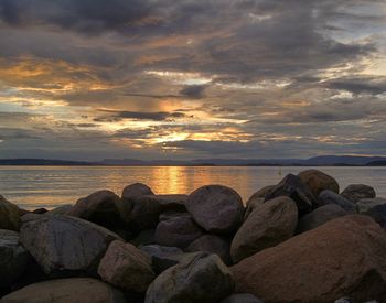 Scenic view of sea against dramatic sky