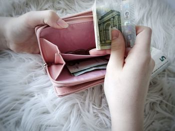 Cropped hands of woman holding paper currency in purse on rug