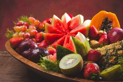 High angle view of chopped fruits on table