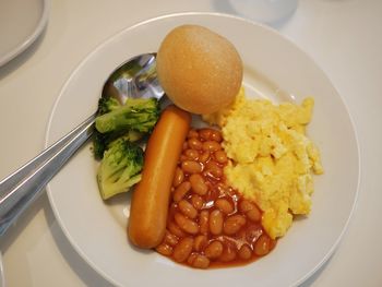 High angle view of breakfast served in plate