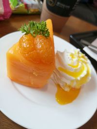 High angle view of dessert in plate on table