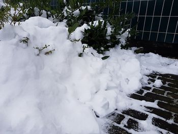 High angle view of snow on water