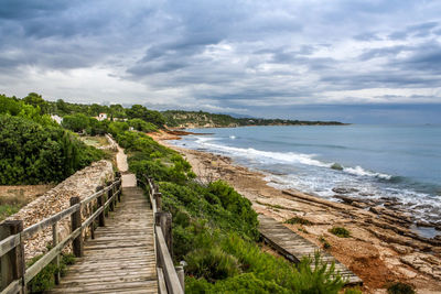 Scenic view of beach against cloudy sky