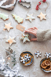 High angle view of cookies on table