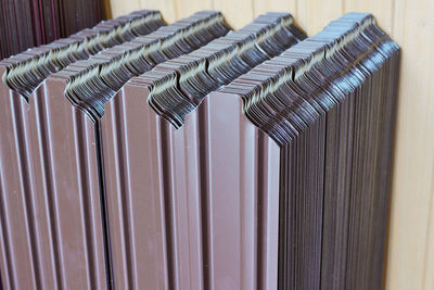 Close-up of corrugated iron sheets in warehouse