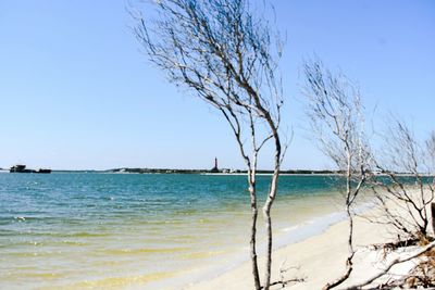 Scenic view of sea against clear blue sky