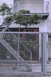 Ladder outside building seen through fence