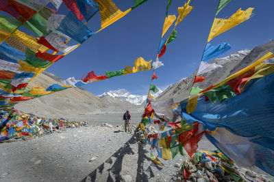 Multi colored flags on mountain against sky