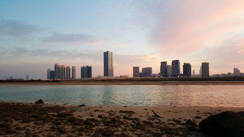City skyline at sunset