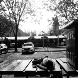 Rear view of man sitting on street against trees