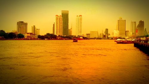 City skyline at sunset