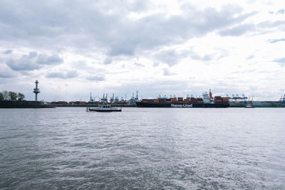 View of commercial dock against cloudy sky