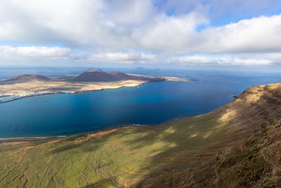 Panoramic view from viewpoint mirador del rio at the north of canary island lanzarote, spain