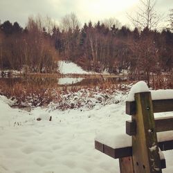 Scenic view of stream against sky during winter