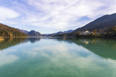 Scenic view of lake by mountains against sky