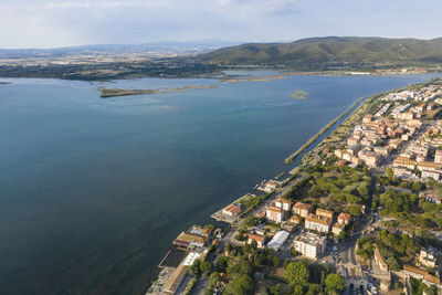 Aerial view of the seaside town of orbetello on the tuscan coast in the maremma weast lagoon